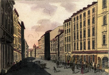 Kilátás a Kohlmarkt utcára Bécsben, Ausztriában. Metszet 1820-ból