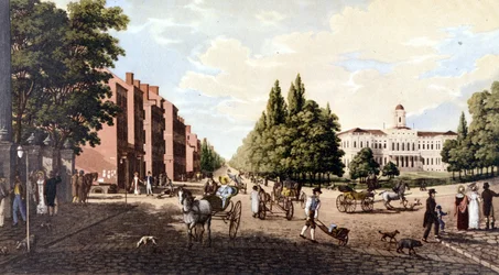 Kilátás New Yorkra: a Broadway és a városháza. SD litográfia a 19. század közepe táján.