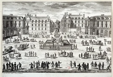 Kilátás a párizsi Place des Victoires-ra XIV. Lajos szobrával, amelyet a marechal de la Feuillade emelt fel 1686-ban. Metszet a 17. századi Párizsról, Musee Carnavalet