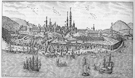 Quebec város kilátása Kanadában (17. század vége): A. Jardin du fort. B. Az erőd. C. Porraktár. D. Les Recollets. E. Ursulines. F. A jezsuiták. G. A katedrális. H. A szeminárium. I. Hotel Dieu. L. Általános Kórház. L