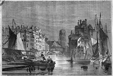 Kilátás Rotterdamra, Hollandiára. Metszet 1836-ból.