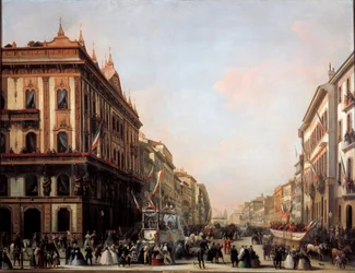 Kilátás a Venezia utcára karneváli úszóval, Milánó (festmény