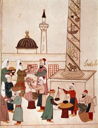 Kilátás a bazárra Konstantinápolyban. Miniatűr egy 19. századi Cicogna-kéziratból (1828) egy 17. századi eredeti (1671) után. Velence, Biblioteca Marciana
