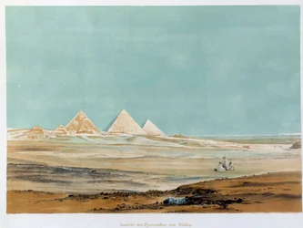 Kilátás a gízai piramisokra (Giza, Giza, Giza), Egyiptom. Illusztráció a 19. századi Párizsról, a francia főiskoláról