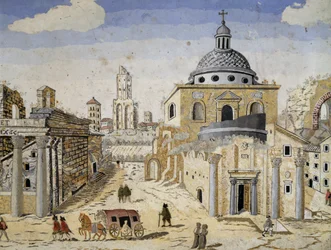 Kilátás a Forum Romanumra, 17. század vége, scagliola terrakotta támasztékon. Részlet