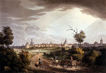 Kilátás a németországi Lipcse városára. Litográfia 1820 körül.