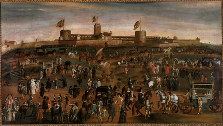 Kilátás Milánó városára, a Sforza kastélyára (castello Sforzesco) és a kocsik forgalmára Névtelen festmény 1660-1670 körül Milánó, museo di Milano