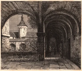 Kilátás a Solesmes-i apátság kolostorára a galériából, Sarthe, Franciaország