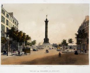Kilátás a júliusi oszlopra (Place de la Bastille) a Boulevard Beaumarchais felől - litográfia