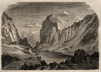 századi svájci Davos országának látványa - Joseph Decembre és Edmond Allonier „” Dictionnaire populaire illustrious” metszet - 1864 -