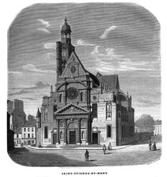 Kilátás a Saint-Etienne-du-Mont templom homlokzatára, a Place Sainte-Genevieve-re (Saint Etienne du Mont) Párizsban, az 5. kerületben 1858-ban.