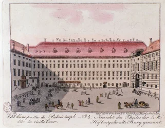 Kilátás a bécsi császári palota Régi udvar elnevezésű részére. Ausztria. Metszet 1815-ös magángyűjteményből