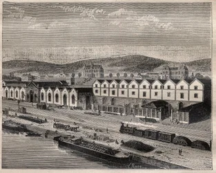 Kilátás a Chateau de Pekinre, a Compagnie des grands vins de Champagne főépületére, Eugene Mercier (1838-1904) et Cie közelében Epernay - Metszet a „La Science francaise”-ben”