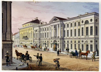 A Hotel des Postes de Saint Petersburg (Album de Marie Taglioni) külső képe (Szentpétervári Post Hotel (Marie Taglioni albuma). Névtelen rézkarc és akvarell, 1840-es évek. Moszkva, A. S. Puskin Állami Múzeuma.