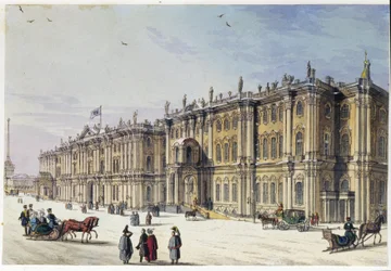 Kilátás a szentpétervári téli palotára (Marie Taglioni albuma). Névtelen rézkarc és akvarell, 1840-es évek, Moszkva, Múzeum, Állami Múzeum, A. S. Puskin.