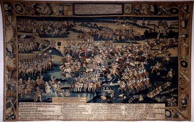 Vallásháború: „” A jarnaci csata, I. Bourboni Lajos, Conde hercege (Bourbon-Conde) halála (1530-1569)”” 1569. március 13-án szembehelyezkedik Conde hercegének protestáns hadseregével hogy az Anjou herceg által vezényelt francia királyé. Gobelin