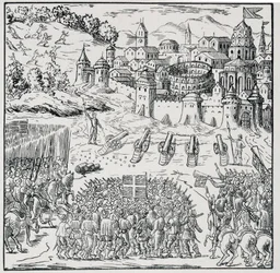 Vallásháború: Nîmes városa, amelyet a Király Armee (III. Henrik) ostromlott 1576-ban - a „39 figurából álló gyűjteményben, amely Franciaország 1562-1586 közötti csapásait ábrázolja””, Louis Perrin imprim.