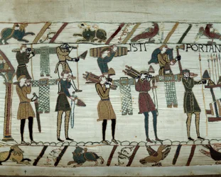 Fegyvereket és bort visznek a hajókra az Anglia meghódítására való tankolás során Hódító Vilmos (1027-1087) flottái 1066-ban Részlet a Bayeux-i kárpitról vagy Mathilde királynő hímzéséről