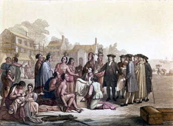 William (Guillaume) Penn (1644-1718), angol kvéker Amerika indiánjaival foglalkozik földszerzéssel – így fektette le Pennsylvania és Philadelphia városának alapjait – Illusztráció: „” A régi és modern viselet” "" írta Jules
