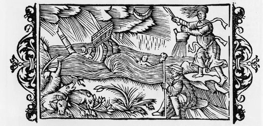 Varázsló, aki megzavarja a Tempetét – Olaus Magnus "Az északi nemzetek története" című könyvében (Az északi népek története), Róma, 1555