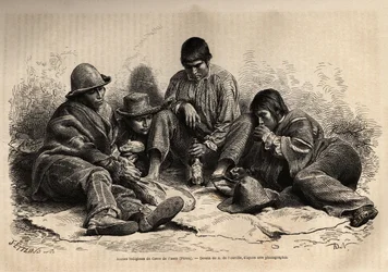 Fiatal indiánok Cerro de Pascóból (Peru középső része) gyűlnek össze reggelire. A Les iles Chincha illusztrálására szolgáló metszet, L. Simonin rektora, 1860-ban, megjelent a „Le tour du monde, nouveau Journal des voyages” című folyóiratban, szerkesztette 