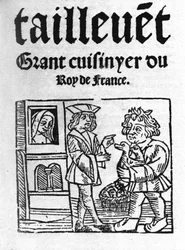 Taillevent „Le Viandier” című művének frontképe. Guillaume Tirel, Taillevent vagy Taillevant francia szakács (1310-1395). 1