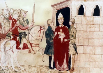 VIII. Bonifác pápa (1294-1303) itt raboskodott Anagniban 1303-ban, illusztráció a 14. századi kéziratból