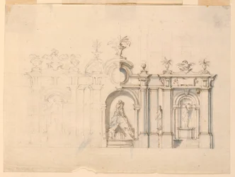 Rajz, oszlopcsarnok szökőkúttal, 1770 körül.
