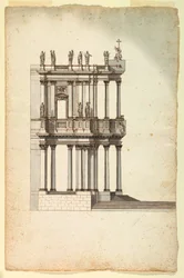 Rajz, Másolat Vanvitelli versenypályázati tervéről a S. Giovanni in Laterano homlokzatához, 1763, 1732-es rajz után.
