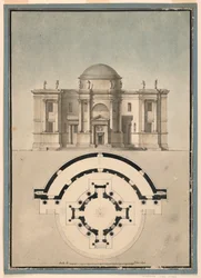 Rajz, Klasszikus templom tervrajza tempiettóval és félköríves ódiummal, 1780 körül.