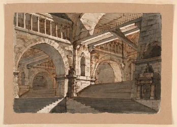 Rajz, Színpadkép, Egy erődített palota földalatti lépcsői és galériái, 1800 körül.