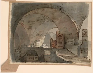 Rajz, színpadkép, földalatti boltozatos tér sírokkal, 19. század eleje