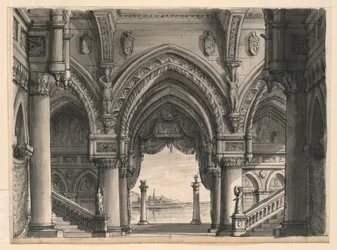 Rajz, Színpadkép, Kilátás a velencei palotából, 1832