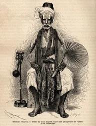 Hindu vallásos koldus. Alfred Grandidier 1862-1864-es metszete India meridionális tartományaiban való utazás szemléltetésére, megjelent a „Le tour du monde”” 1869-ben, szerkesztette Edouard Charton, Hachette kiadás, Párizs. Selva kollekció.