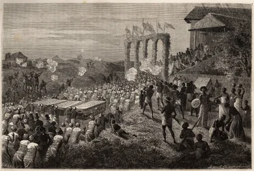 Menyasszonyi társaság Tete-ben (Mozambik). Metszet Dr. Livingstone első dél-afrikai útjainak illusztrálására 1840 és 1856 között, a „Le tour du monde, nouveau Journal des voyages” című kiadványban, amely Edouard Charton irányítása alatt jelent meg.