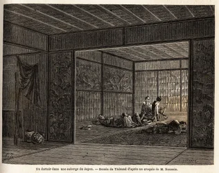 Kollégium egy fogadóban Japánban. Aime Humbert, a Svájci Államszövetség minisztere, a „Le tour du monde, nouveau Journal des voyages” című 1863–1864-es japán utazást illusztráló metszete Edouard Charton irányítása alatt jelent meg.
