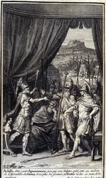 Agamemnon ellen ingerült Akhilleusz a pálcájára esküszik, hogy a görögök gyülekezetének közepébe dobja, hogy ne segítsen rajtuk; és Nestor hiába foltozza őket, hogy megnyugtassa őket. Homérosz Iliászának I. könyvének illusztrációja, francia kiadás