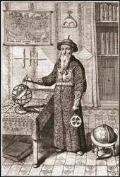 Adam Schall, csillagász (1592-1666) mandarin jelmezben, földi és égi földgömbökkel és asztrolábiummal – Athanase Kircher (vagy Athanasius Kircheri) „Kínában”