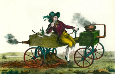 Mezőgazdaság: szántási jelenet gőzgéppel 1834-ben. Névtelen metszet 1834-ből. Magángyűjtemény
