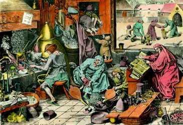 Alchemy Laboratory Egy alkimista, aki grimoire-t tanácsol. századi magángyűjtemény metszete