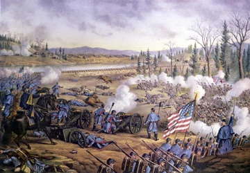 Amerikai polgárháború (1861-1865): Stones River-i csata vagy második murfreesborói csata, Tennessee, 1862. december 31. – 1863. január 2. Metszet a 19. századról.
