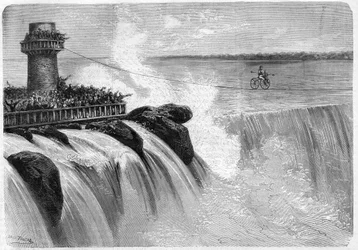Az amerikai Jenkins átkelt a Niagara-vízesésen egy Velocipede-en 1869-ben.