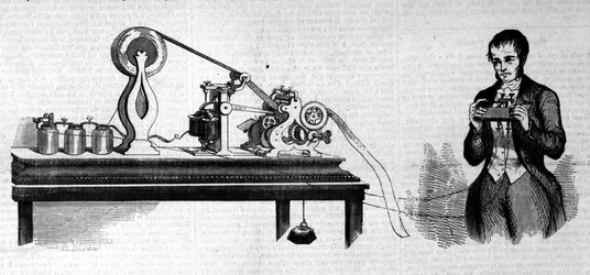 Samuel Finley Breese Morse (1791-1872) amerikai feltaláló képviseli távírója mellett. századi metszet