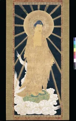 Amitabha (Amida) Triad Descending From Heaven (pigment a konshi-n (kék rizspapír))