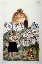 Egy indiai pásztorlány a kunyhója közelében csordájával, a "Trujillo del Peru" vagy "Codex Martinez Companion" című könyvéből, Baltazar Martinez Companion és Bujanda, Trujillo püspöke (1782-1785)