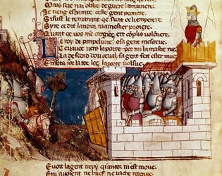 Egy hadsereg (a pamplonai királytól?) egy kastélyban keres menedéket, és felmászik a Miniatűr Levis hídra a „Spanyolország Entrree-jéből”. 14. századi Velence, Biblioteca Marciana.