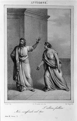 Antigone 4. felvonás, 5. jelenet. Vittorio Alfieri olasz tragédiája, 1783-ban a görög mitológia nyomán. 18. századi metszet.