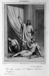 Antigone 5. felvonás, 6. jelenet. Vittorio Alfieri olasz tragédiája, 1783-ban, a görög mitológia nyomán. 18. századi metszet.