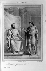 Antigone II. felvonás, 1. jelenet. Vittorio Alfieri olasz tragédiája, 1783-ban a görög mitológia nyomán. 18. századi metszet.