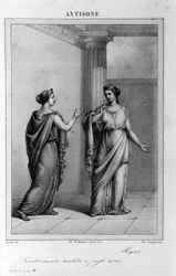 Antigone I. felvonás, 3. jelenet. Vittorio Alfieri olasz tragédiája, 1783-ban a görög mitológia nyomán. 18. századi metszet.